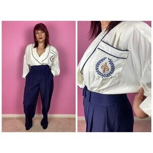 Size L | VOLUP Vintage KAREN ALEXANDER 1980s 80s White Navy Trouser Jumpsuit